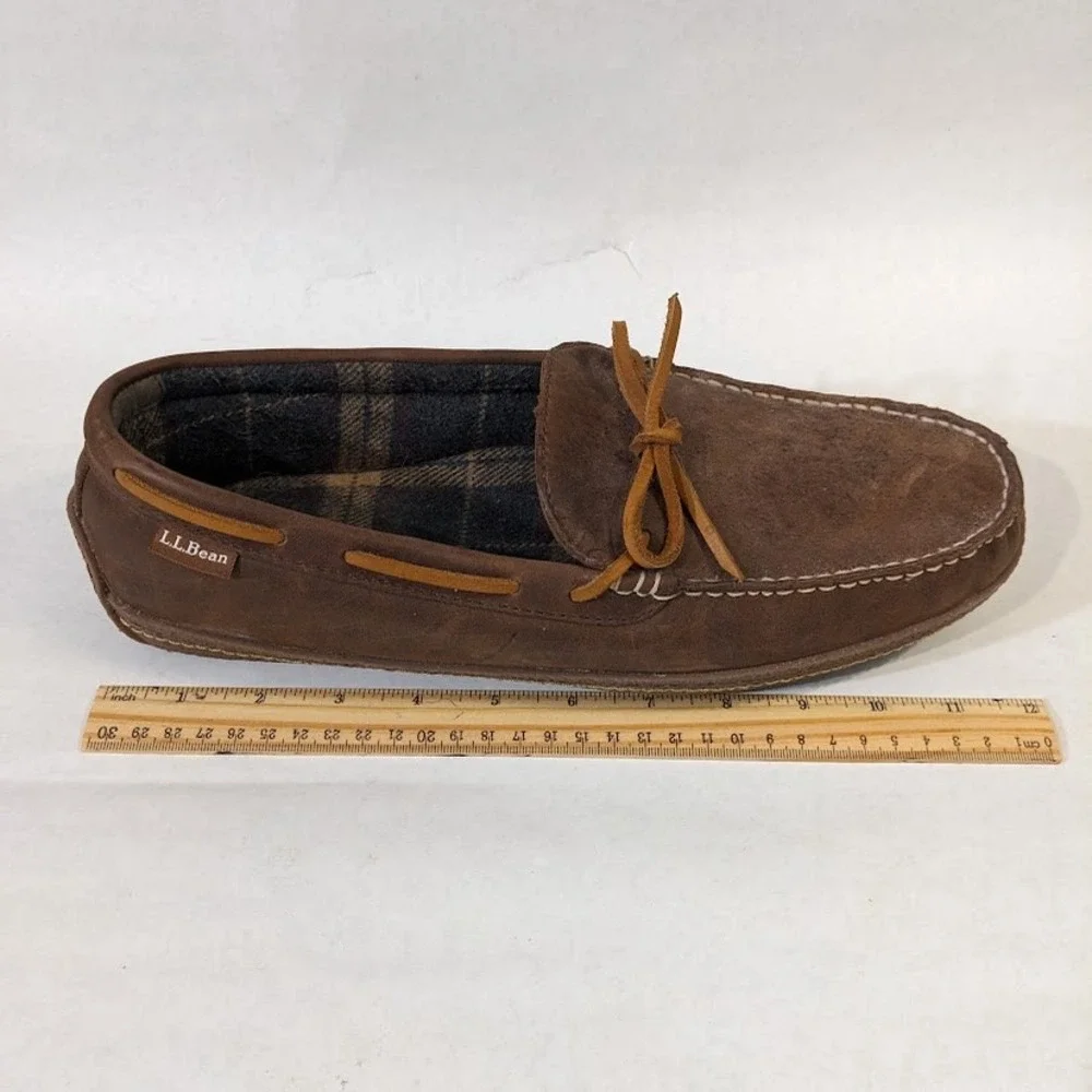 LL Bean Mens Leather Moccasin Slippers Brown Plaid Flannel Lined Size 12